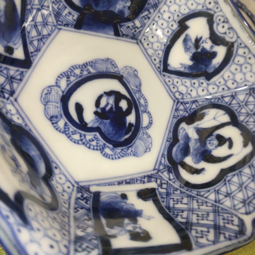 骨董 手描き 伊万里焼 藍九谷 古九谷 染付 古伊万里 六角 小鉢 木